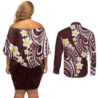 Plumeria With Oxblood Polynesian Tattoo Pattern Couples Matching Off Shoulder Short Dress and Long Sleeve Button Shirt LT05 - Polynesian Pride