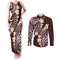 Plumeria With Oxblood Polynesian Tattoo Pattern Couples Matching Tank Maxi Dress and Long Sleeve Button Shirt LT05 Red - Polynesian Pride
