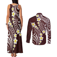 Plumeria With Oxblood Polynesian Tattoo Pattern Couples Matching Tank Maxi Dress and Long Sleeve Button Shirt LT05 - Polynesian Pride