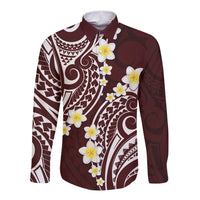 Plumeria With Oxblood Polynesian Tattoo Pattern Long Sleeve Button Shirt