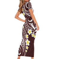 Plumeria With Oxblood Polynesian Tattoo Pattern Short Sleeve Bodycon Dress