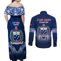Samoa Rugby Couples Matching Off Shoulder Maxi Dress and Long Sleeve Button Shirts World Cup 2023 Coat Of Arms With Polynesian Pattern LT05 - Polynesian Pride