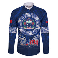 Samoa Rugby Family Matching Off Shoulder Short Dress and Hawaiian Shirt World Cup 2023 Coat Of Arms With Polynesian Pattern LT05 Dad's Shirt - Long Sleeve Blue - Polynesian Pride