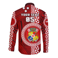 Custom Tonga Rugby Long Sleeve Button Shirt World Cup 2023 Coat Of Arms Ngatu Pattern LT05 - Polynesian Pride