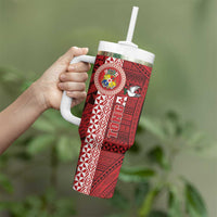 Custom Tonga Rugby Tumbler With Handle World Cup 2023 Coat Of Arms Ngatu Pattern LT05 - Polynesian Pride