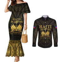Haiti 1804 Couples Matching Mermaid Dress and Long Sleeve Button Shirt Polynesian Gold Neg Maron LT05 Gold - Polynesian Pride