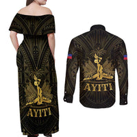Haiti 1804 Couples Matching Off Shoulder Maxi Dress and Long Sleeve Button Shirt Polynesian Gold Neg Maron LT05 - Polynesian Pride