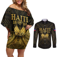 Haiti 1804 Couples Matching Off Shoulder Short Dress and Long Sleeve Button Shirt Polynesian Gold Neg Maron LT05 Gold - Polynesian Pride