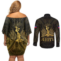 Haiti 1804 Couples Matching Off Shoulder Short Dress and Long Sleeve Button Shirt Polynesian Gold Neg Maron LT05 - Polynesian Pride