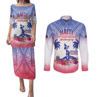 Personalised Haiti Independence Day Couples Matching Puletasi and Long Sleeve Button Shirt Neg Maron Polynesian Style LT05 Blue - Polynesian Pride