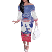 Personalised Haiti Independence Day Off The Shoulder Long Sleeve Dress Neg Maron Polynesian Style LT05 Women Blue - Polynesian Pride