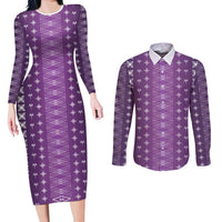 Purple Samoa Malu Tattoo Inspired Couples Matching Long Sleeve Bodycon Dress and Long Sleeve Button Shirt LT05 Purple - Polynesian Pride