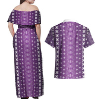 Purple Samoa Malu Tattoo Inspired Couples Matching Off Shoulder Maxi Dress and Hawaiian Shirt LT05 - Polynesian Pride