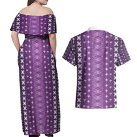Purple Samoa Malu Tattoo Inspired Couples Matching Off Shoulder Maxi Dress and Hawaiian Shirt - Polynesian Pride