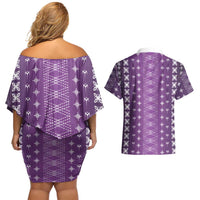 Purple Samoa Malu Tattoo Inspired Couples Matching Off Shoulder Short Dress and Hawaiian Shirt LT05 - Polynesian Pride