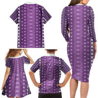 Purple Samoa Malu Tattoo Inspired Family Matching Long Sleeve Bodycon Dress and Hawaiian Shirt - Polynesian Pride