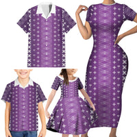 Purple Samoa Malu Tattoo Inspired Family Matching Short Sleeve Bodycon Dress and Hawaiian Shirt - Polynesian Pride