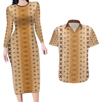 Beige Samoa Malu Tattoo Inspired Couples Matching Long Sleeve Bodycon Dress and Hawaiian Shirt - Polynesian Pride