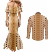 Beige Samoa Malu Tattoo Inspired Couples Matching Mermaid Dress and Long Sleeve Button Shirt LT05 - Polynesian Pride