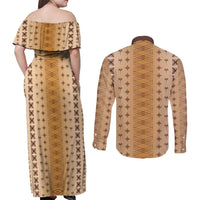 Beige Samoa Malu Tattoo Inspired Couples Matching Off Shoulder Maxi Dress and Long Sleeve Button Shirt - Polynesian Pride