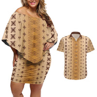 Beige Samoa Malu Tattoo Inspired Couples Matching Off Shoulder Short Dress and Hawaiian Shirt LT05 Beige - Polynesian Pride