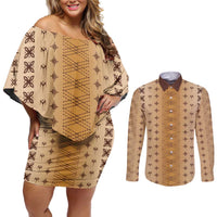 Beige Samoa Malu Tattoo Inspired Couples Matching Off Shoulder Short Dress and Long Sleeve Button Shirt LT05 Beige - Polynesian Pride