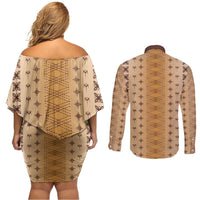 Beige Samoa Malu Tattoo Inspired Couples Matching Off Shoulder Short Dress and Long Sleeve Button Shirt LT05 - Polynesian Pride