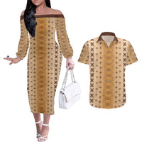 Beige Samoa Malu Tattoo Inspired Couples Matching Off The Shoulder Long Sleeve Dress and Hawaiian Shirt LT05 Beige - Polynesian Pride