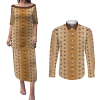Beige Samoa Malu Tattoo Inspired Couples Matching Puletasi and Long Sleeve Button Shirt LT05 Beige - Polynesian Pride