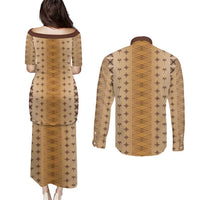 Beige Samoa Malu Tattoo Inspired Couples Matching Puletasi and Long Sleeve Button Shirt LT05 - Polynesian Pride