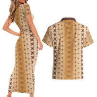 Beige Samoa Malu Tattoo Inspired Couples Matching Short Sleeve Bodycon Dress and Hawaiian Shirt LT05 - Polynesian Pride