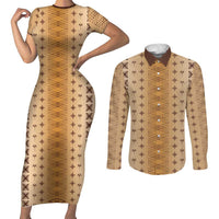Beige Samoa Malu Tattoo Inspired Couples Matching Short Sleeve Bodycon Dress and Long Sleeve Button Shirt LT05 Beige - Polynesian Pride