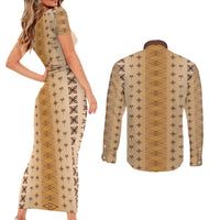 Beige Samoa Malu Tattoo Inspired Couples Matching Short Sleeve Bodycon Dress and Long Sleeve Button Shirt LT05 - Polynesian Pride