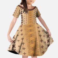 Beige Samoa Malu Tattoo Inspired Family Matching Off Shoulder Maxi Dress and Hawaiian Shirt LT05 Daughter's Dress Beige - Polynesian Pride