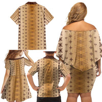 Beige Samoa Malu Tattoo Inspired Family Matching Off Shoulder Short Dress and Hawaiian Shirt - Polynesian Pride