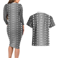 Black Samoa Malu Tattoo Inspired Couples Matching Long Sleeve Bodycon Dress and Hawaiian Shirt LT05 - Polynesian Pride