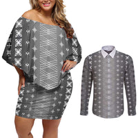 Black Samoa Malu Tattoo Inspired Couples Matching Off Shoulder Short Dress and Long Sleeve Button Shirt - Polynesian Pride