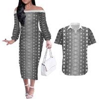 Black Samoa Malu Tattoo Inspired Couples Matching Off The Shoulder Long Sleeve Dress and Hawaiian Shirt LT05 Black - Polynesian Pride