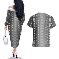 Black Samoa Malu Tattoo Inspired Couples Matching Off The Shoulder Long Sleeve Dress and Hawaiian Shirt LT05 - Polynesian Pride