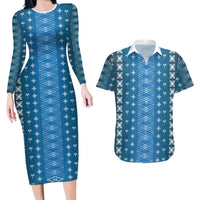 Blue Samoa Malu Tattoo Inspired Couples Matching Long Sleeve Bodycon Dress and Hawaiian Shirt LT05 Blue - Polynesian Pride