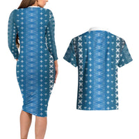 Blue Samoa Malu Tattoo Inspired Couples Matching Long Sleeve Bodycon Dress and Hawaiian Shirt LT05 - Polynesian Pride