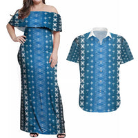 Blue Samoa Malu Tattoo Inspired Couples Matching Off Shoulder Maxi Dress and Hawaiian Shirt - Polynesian Pride