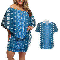 Blue Samoa Malu Tattoo Inspired Couples Matching Off Shoulder Short Dress and Hawaiian Shirt LT05 Blue - Polynesian Pride