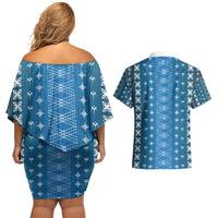 Blue Samoa Malu Tattoo Inspired Couples Matching Off Shoulder Short Dress and Hawaiian Shirt - Polynesian Pride