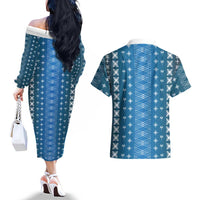 Blue Samoa Malu Tattoo Inspired Couples Matching Off The Shoulder Long Sleeve Dress and Hawaiian Shirt LT05 - Polynesian Pride
