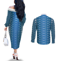 Blue Samoa Malu Tattoo Inspired Couples Matching Off The Shoulder Long Sleeve Dress and Long Sleeve Button Shirt LT05 - Polynesian Pride