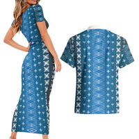 Blue Samoa Malu Tattoo Inspired Couples Matching Short Sleeve Bodycon Dress and Hawaiian Shirt LT05 - Polynesian Pride