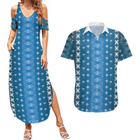 Blue Samoa Malu Tattoo Inspired Couples Matching Summer Maxi Dress and Hawaiian Shirt LT05 Blue - Polynesian Pride