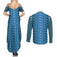 Blue Samoa Malu Tattoo Inspired Couples Matching Summer Maxi Dress and Long Sleeve Button Shirt LT05 - Polynesian Pride