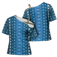 Blue Samoa Malu Tattoo Inspired Cross Shoulder Shirt LT05 - Polynesian Pride